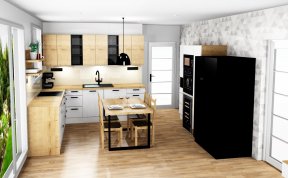 Návrh kuchyně s jídelnou a obývákem do projektu Zahrady Bohdalec