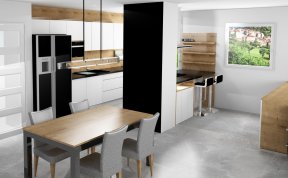 Návrh kuchyně s jídelnou a obývákem