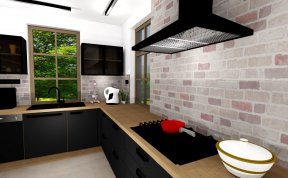 Návrh černé industriální kuchyně do RD v Loděnici