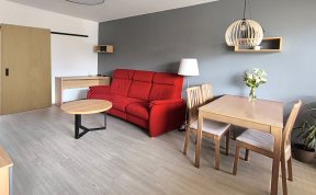 Barevně odlišená stěna dává vyniknout sedačce